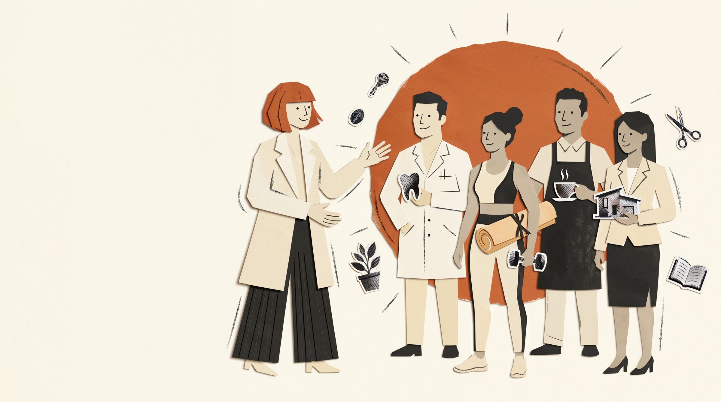 Ilustración en collage de papel: una creativa de IArtesan con una dentista, una instructora de pilates, el dueño de un café y una agente inmobiliaria